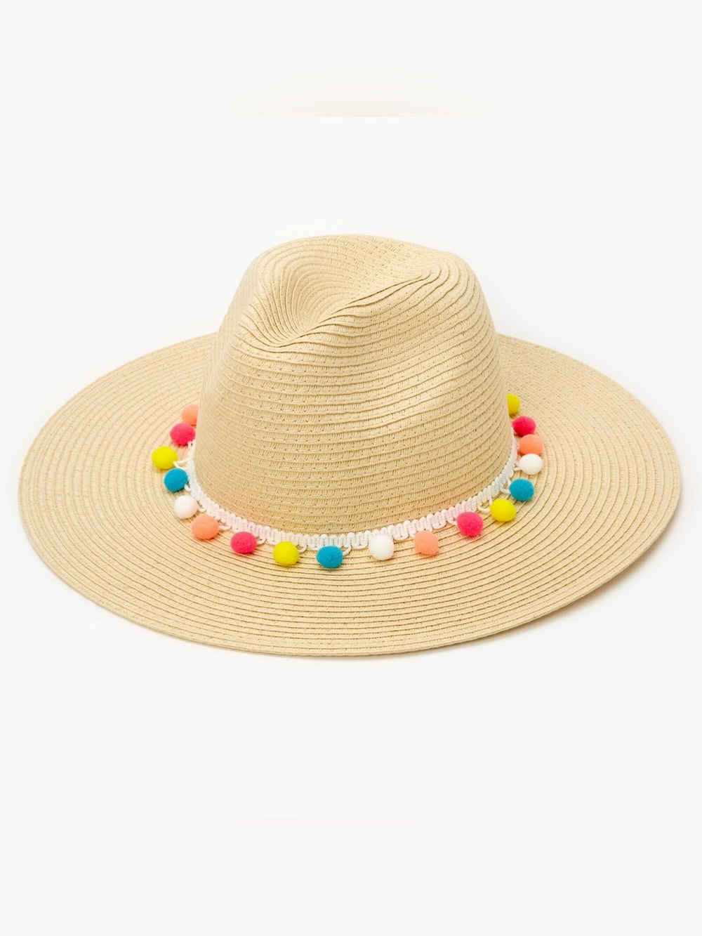 Sun n Sand Beige Straw Sun Hat with Colorful Rainbow Pom-Pom